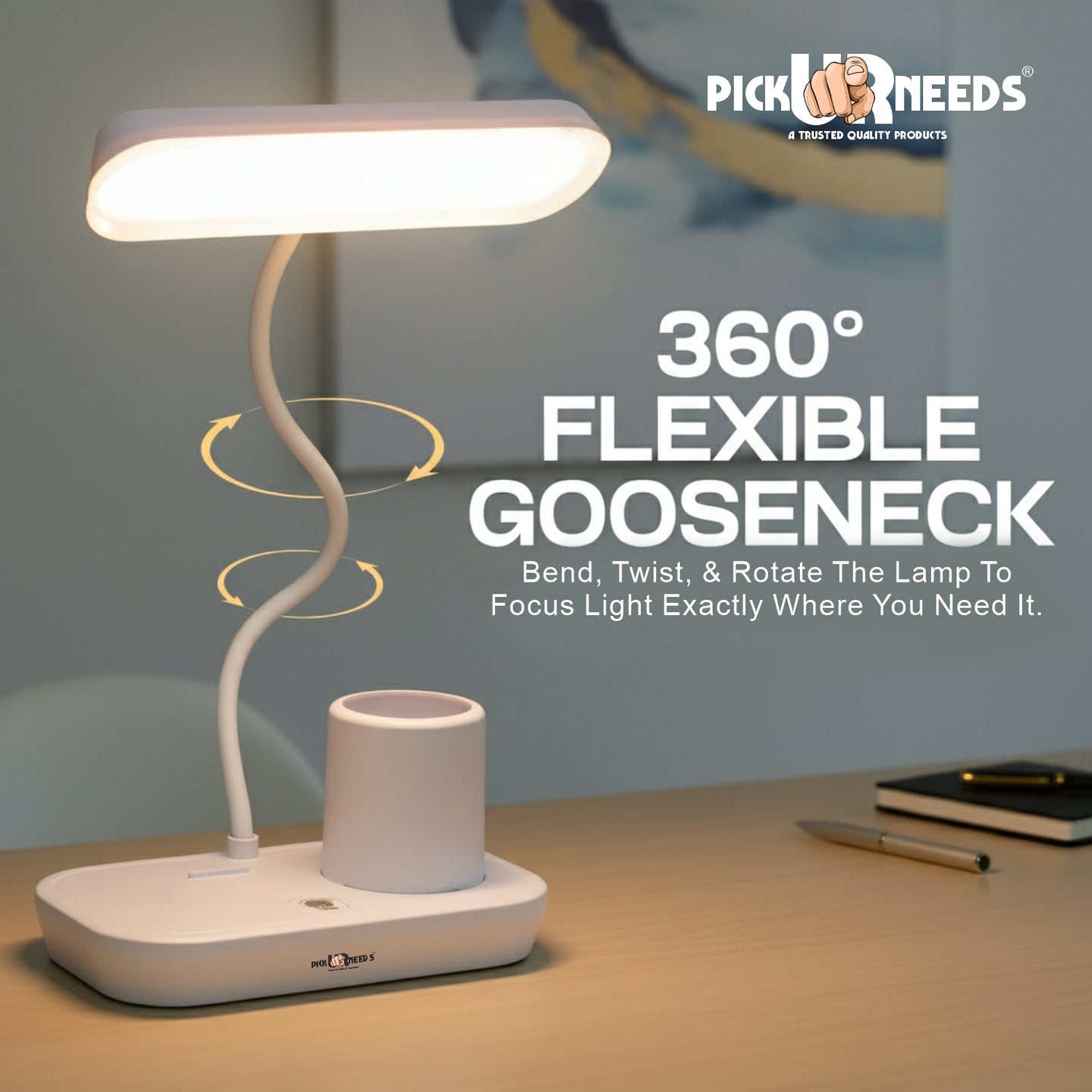 Pick Ur Needs LED Rechargeable Table Study Desk Lamp Reading Light with 3 Mode Dimming with Pen Holder, Phone Stand & USB Power